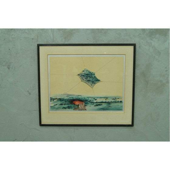 Image 1 of Scandinavian surrealist vintage hand lithograph by Bertil Berg, 1970