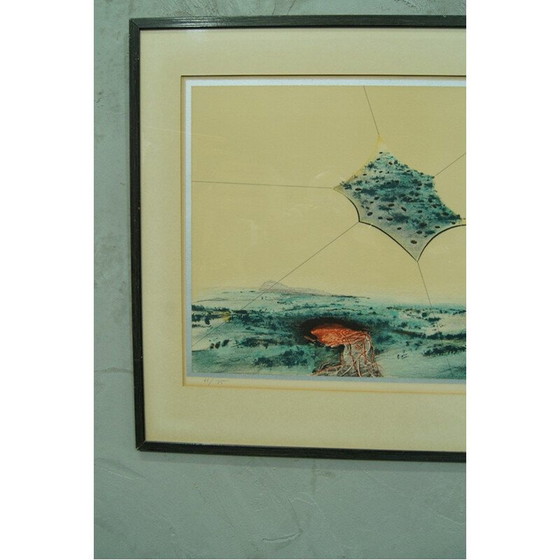 Image 1 of Scandinavian surrealist vintage hand lithograph by Bertil Berg, 1970