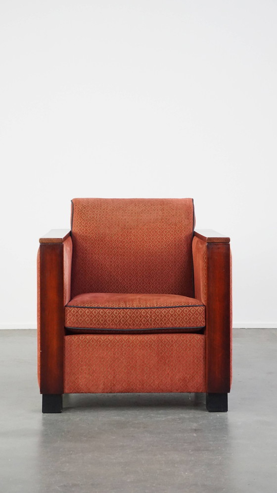 Image 1 of Art Deco Design Armchair With Red Fabric Upholstery