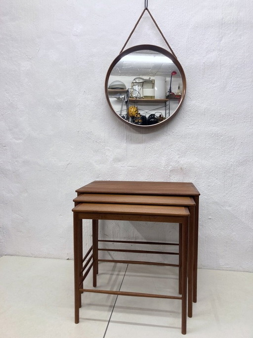 Round wall mirror with teak frame Danish style 60s design