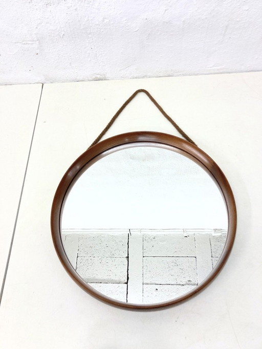 Round wall mirror with teak frame Danish style 60s design