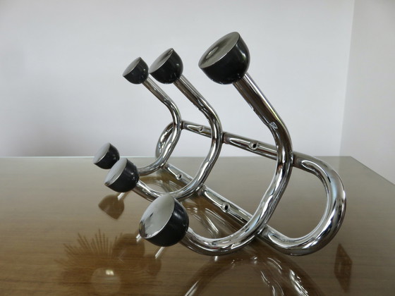 Image 1 of Large 6-Plate Wall-Mounted Coat Hanger, Chromed Metal and Bakelite