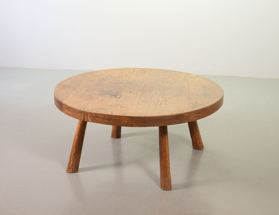 Image 1 of Large Brutalist Wabi Sabi Round Solid Oak Handsculpted Coffee Table in Style of Charlotte Perriand, 1960s. 