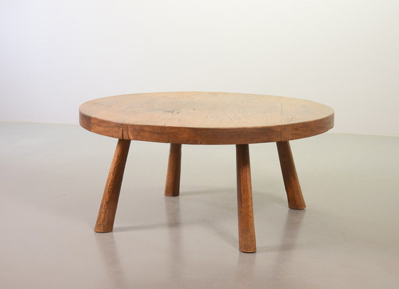 Image 1 of Large Brutalist Wabi Sabi Round Solid Oak Handsculpted Coffee Table in Style of Charlotte Perriand, 1960s. 