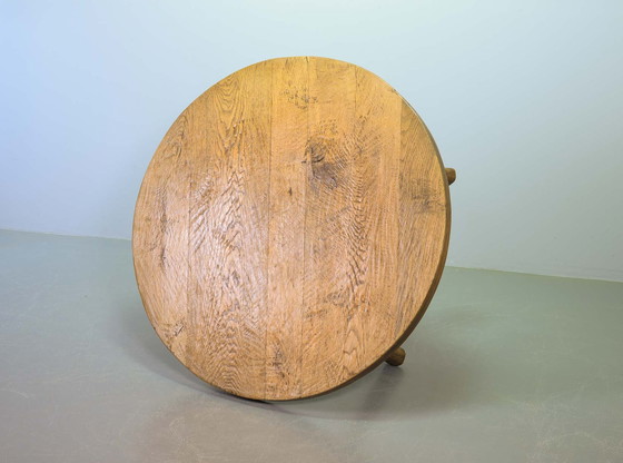 Image 1 of Large Brutalist Wabi Sabi Round Solid Oak Handsculpted Coffee Table in Style of Charlotte Perriand, 1960s. 