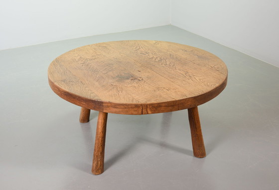 Image 1 of Large Brutalist Wabi Sabi Round Solid Oak Handsculpted Coffee Table in Style of Charlotte Perriand, 1960s. 