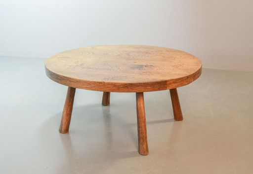 Large Brutalist Wabi Sabi Round Solid Oak Handsculpted Coffee Table in Style of Charlotte Perriand, 1960s. 