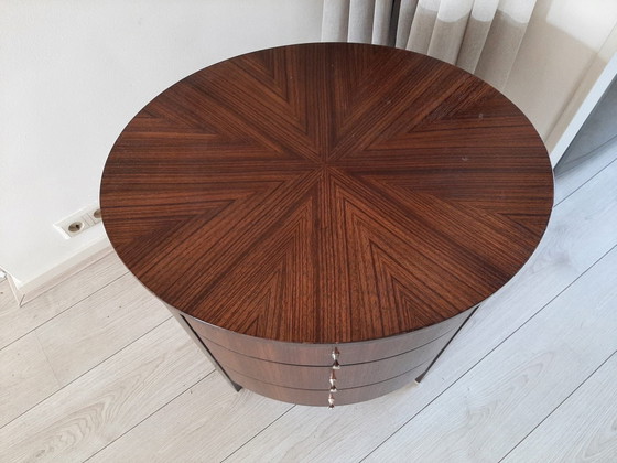 Image 1 of Oval Ethan Allen Bromley Drum Side Table With 3 Drawers.