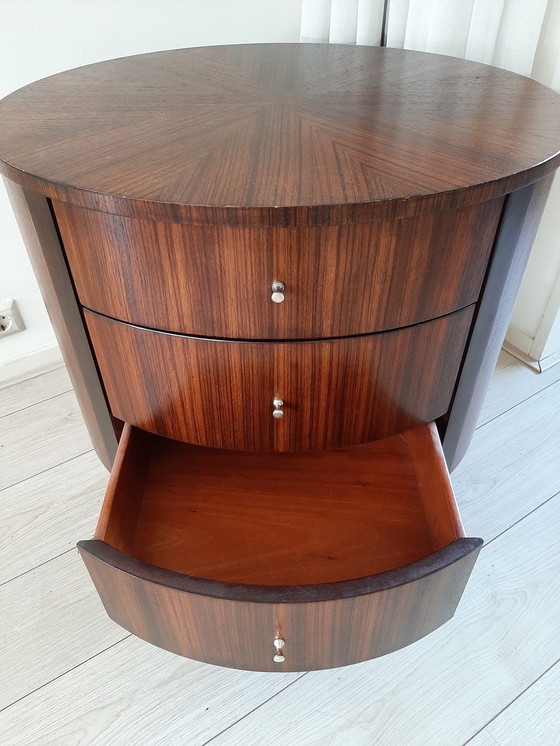 Image 1 of Oval Ethan Allen Bromley Drum Side Table With 3 Drawers.