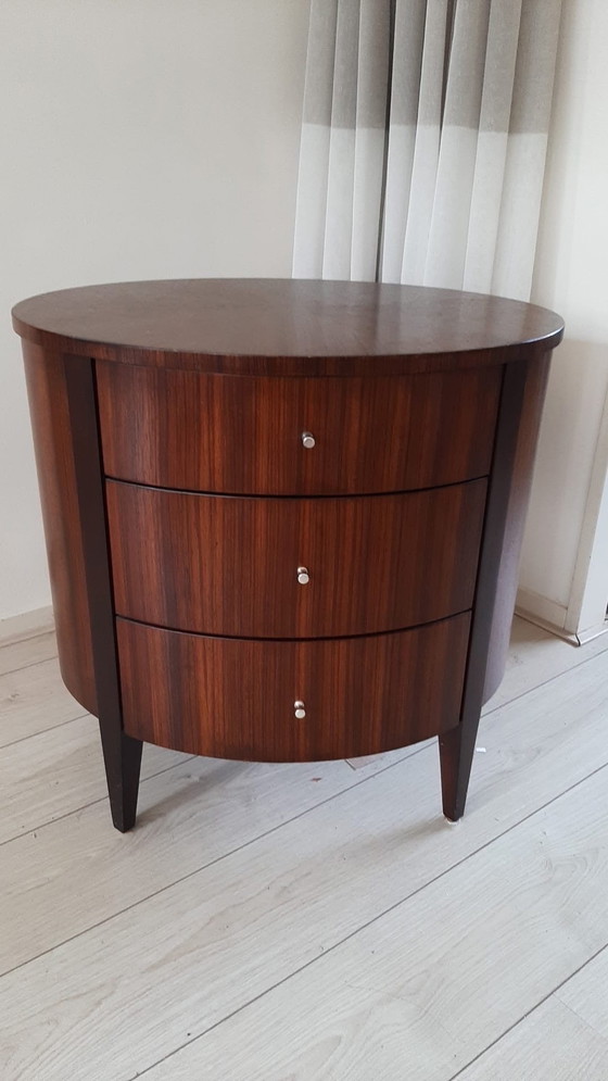 Image 1 of Oval Ethan Allen Bromley Drum Side Table With 3 Drawers.