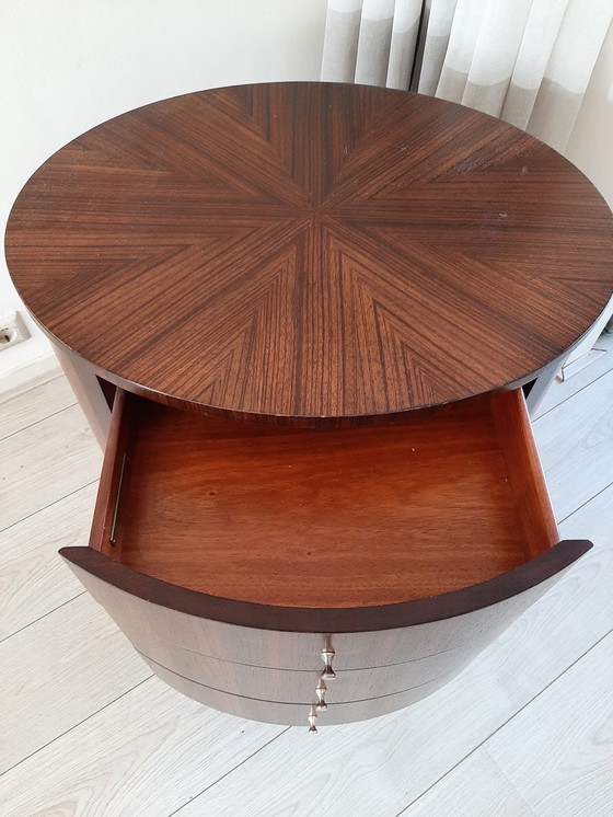 Image 1 of Oval Ethan Allen Bromley Drum Side Table With 3 Drawers.