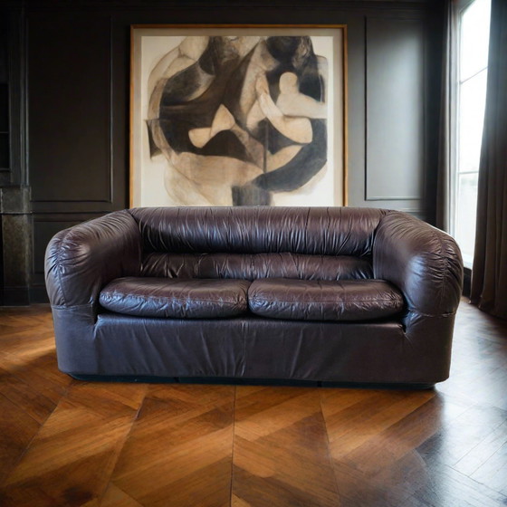 Image 1 of Brown Leather Italian Design 2 Seater Sofa 1970