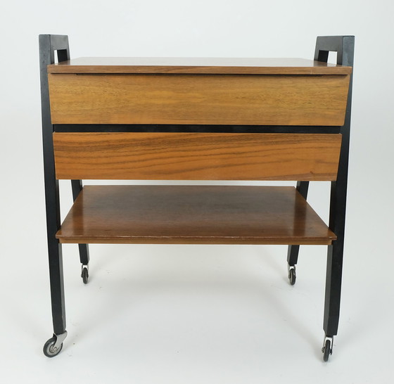 Image 1 of Extendable 1960S Mid Century Sewing Cart Sewing Box Walnut And Black Lacquered Wood