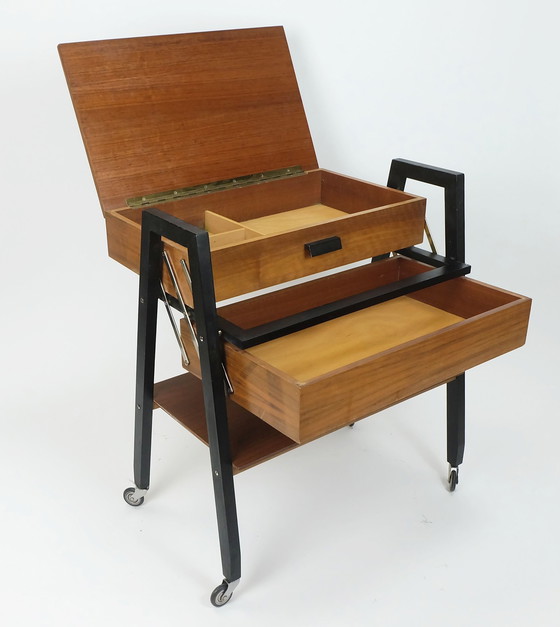 Image 1 of Extendable 1960S Mid Century Sewing Cart Sewing Box Walnut And Black Lacquered Wood