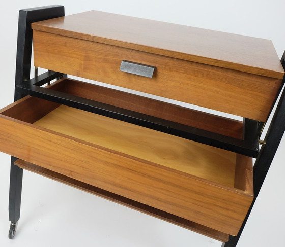 Image 1 of Extendable 1960S Mid Century Sewing Cart Sewing Box Walnut And Black Lacquered Wood