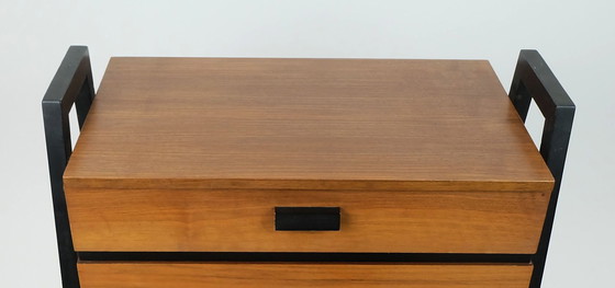 Image 1 of Extendable 1960S Mid Century Sewing Cart Sewing Box Walnut And Black Lacquered Wood