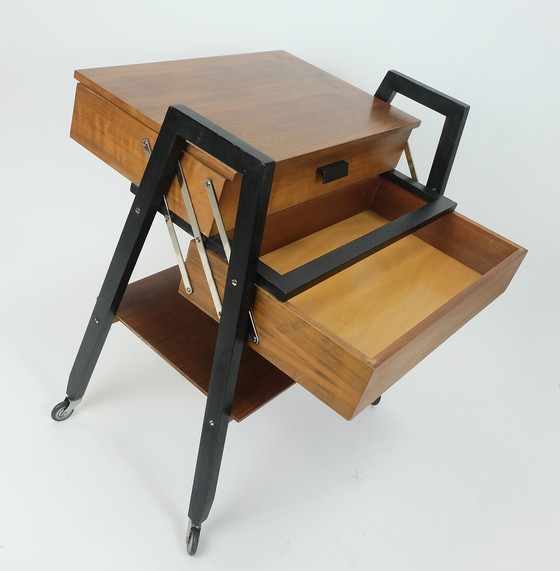 Image 1 of Extendable 1960S Mid Century Sewing Cart Sewing Box Walnut And Black Lacquered Wood