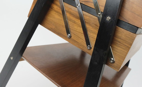 Image 1 of Extendable 1960S Mid Century Sewing Cart Sewing Box Walnut And Black Lacquered Wood