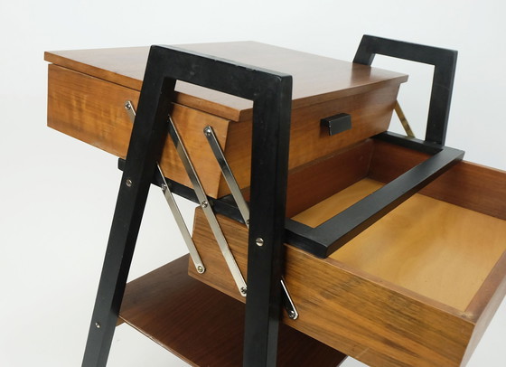 Image 1 of Extendable 1960S Mid Century Sewing Cart Sewing Box Walnut And Black Lacquered Wood