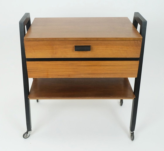 Image 1 of Extendable 1960S Mid Century Sewing Cart Sewing Box Walnut And Black Lacquered Wood