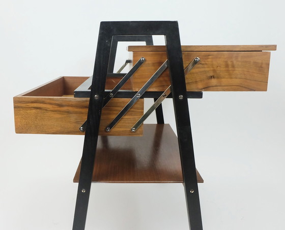 Image 1 of Extendable 1960S Mid Century Sewing Cart Sewing Box Walnut And Black Lacquered Wood