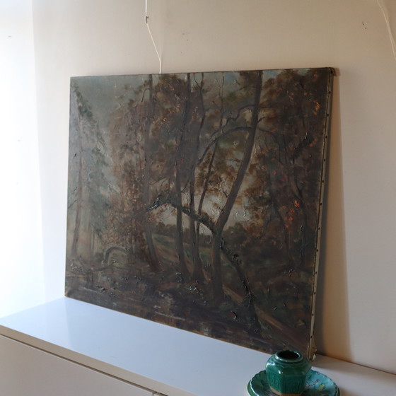 Image 1 of C.Fondanéche-60S Pintura al óleo francesa sobre lienzo-Escena de otoño-Valle fluvial en el bosque-Signo C.Fondanéche-60S