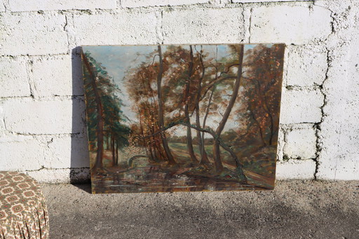 C.Fondanéche-60S French Oil Painting On Canvas- Autumn Scene-River Valley In The Woods-Signet C.Fondanéche-60S