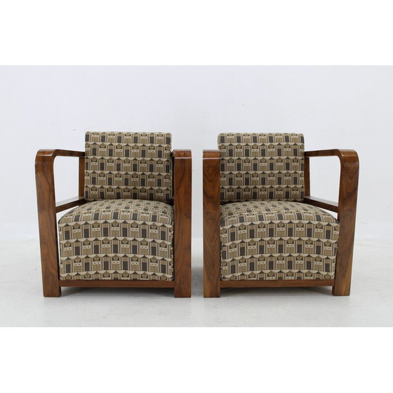 Image 1 of Pair of vintage Art Deco armchairs in walnut and Backhausen fabric, 1930s