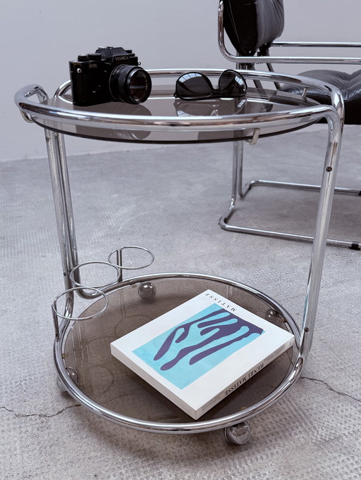 Side table serving trolley chrome smoked glass 1960s