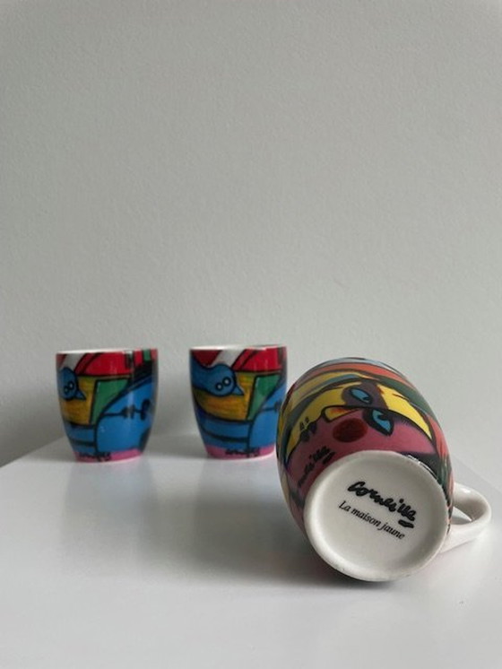 Image 1 of 3 Espresso Cups Corneille. 'L'Oise Et Chat Jaune' (2X), 'La Maison Jaune' (1X).