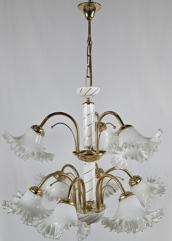 Image 1 of Large Ceramic Chandelier In Brass And Murano Glass