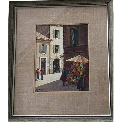 Acuarela vintage "Puesto de flores en Roma" de Henry Gasser, 1955