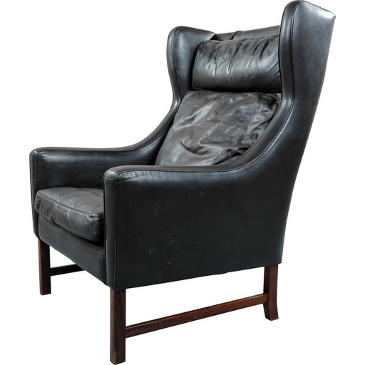 Vintage leather and rosewood wingback armchair by Fredrik Kayser for Vatne Mobler, Norway 1965