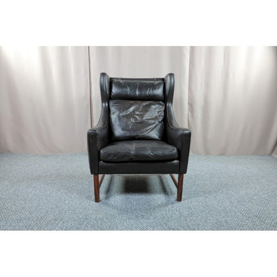 Image 1 of Vintage leather and rosewood wingback armchair by Fredrik Kayser for Vatne Mobler, Norway 1965