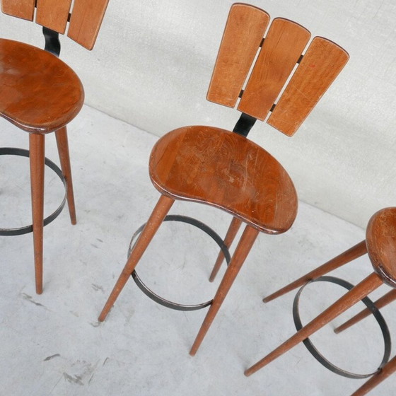 Image 1 of Set of 3 vintage wood and iron bar stools, Belgium 1970s