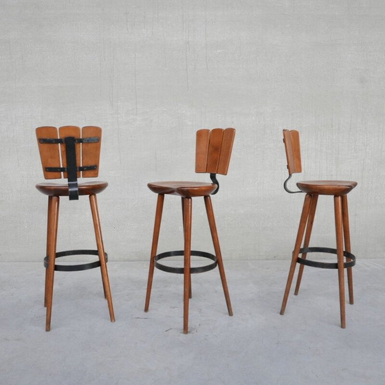 Image 1 of Set of 3 vintage wood and iron bar stools, Belgium 1970s