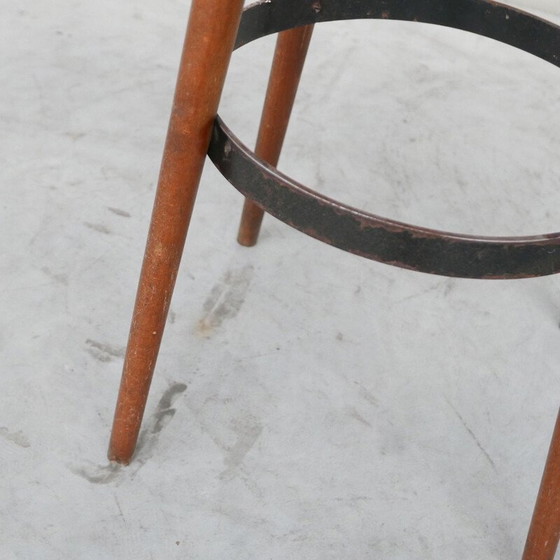 Image 1 of Set of 3 vintage wood and iron bar stools, Belgium 1970s
