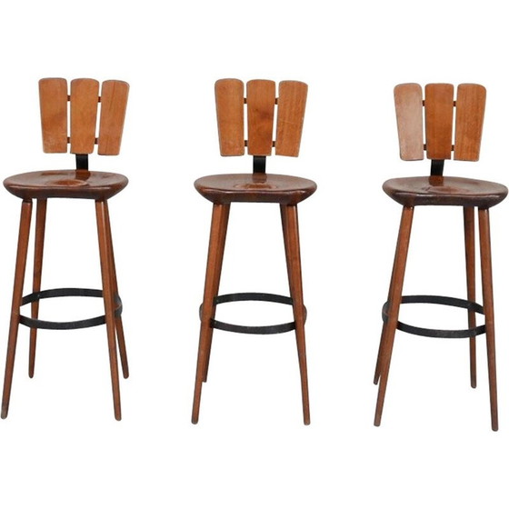 Image 1 of Set of 3 vintage wood and iron bar stools, Belgium 1970s
