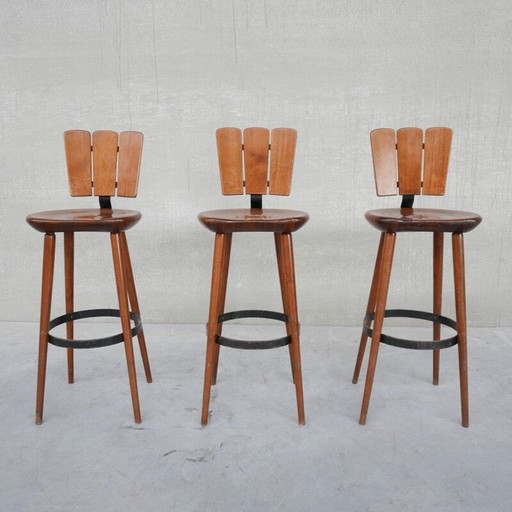 Set of 3 vintage wood and iron bar stools, Belgium 1970s