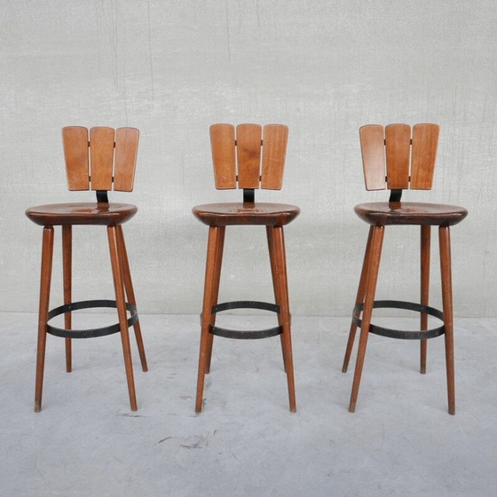 Image 1 of Set of 3 vintage wood and iron bar stools, Belgium 1970s