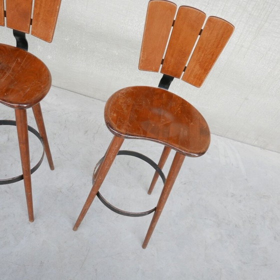 Image 1 of Set of 3 vintage wood and iron bar stools, Belgium 1970s