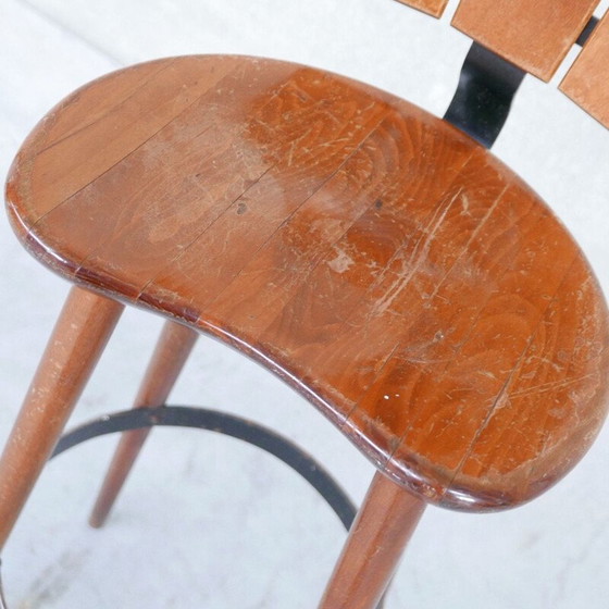 Image 1 of Set of 3 vintage wood and iron bar stools, Belgium 1970s