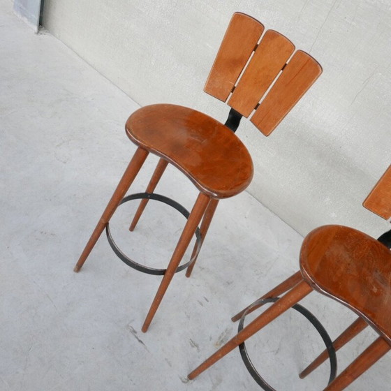 Image 1 of Set of 3 vintage wood and iron bar stools, Belgium 1970s