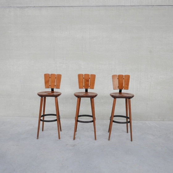 Image 1 of Set of 3 vintage wood and iron bar stools, Belgium 1970s