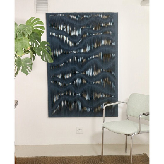 Image 1 of Vintage textured wave effect painting in green fabric