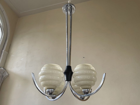 Image 1 of Lamp 4 Arms Art Deco 1930s Glass Yellow Bowls Chrome Fans