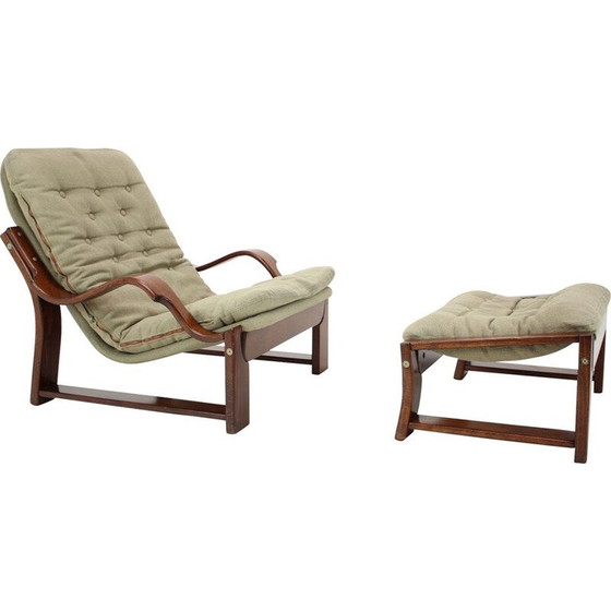 Image 1 of Poltrona e poggiapiedi vintage scandinavi in legno e tessuto, anni '60