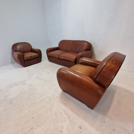 Image 1 of Set Of 2 Club Chairs And 1 Sofa In Saddle Leather By Jan Frantzen, Netherlands