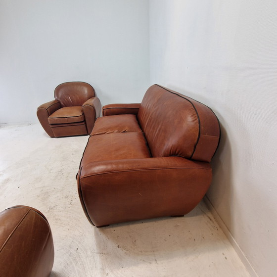 Image 1 of Set Of 2 Club Chairs And 1 Sofa In Saddle Leather By Jan Frantzen, Netherlands