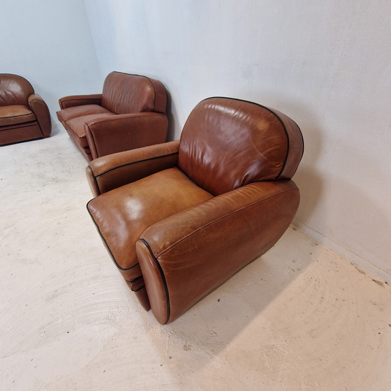 Image 1 of Set Of 2 Club Chairs And 1 Sofa In Saddle Leather By Jan Frantzen, Netherlands